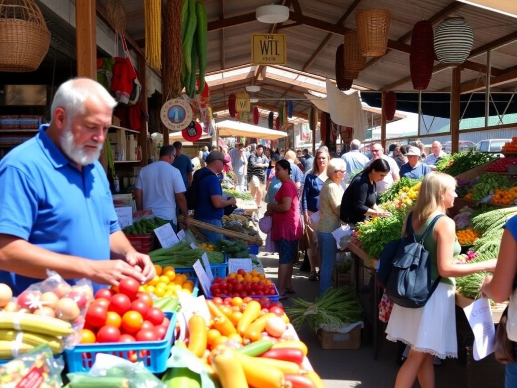 Piață locală plină de produse și cumpărători activi.