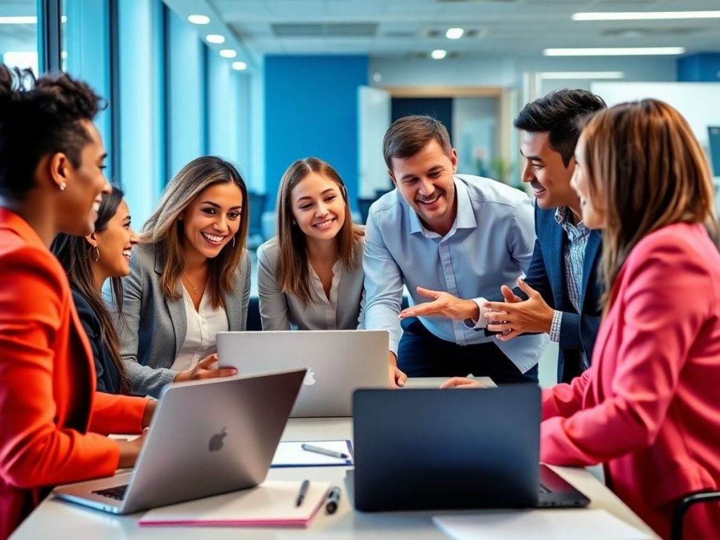 Profesioniști de afaceri colaborând într-un birou modern.