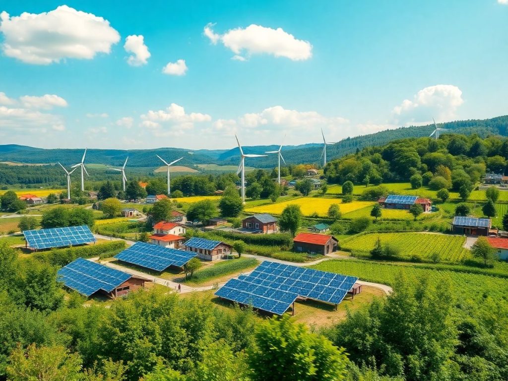 Peisaj vibrant cu energie verde si agricultura sustenabila.