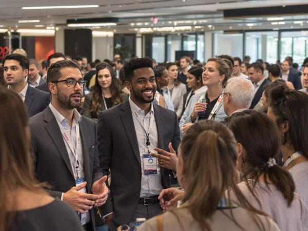 Lideri din industrie interacționând la un eveniment de networking.