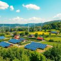 Peisaj vibrant cu energie verde si agricultura sustenabila.