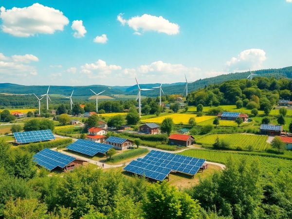 Peisaj vibrant cu energie verde si agricultura sustenabila.