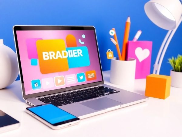 Birou modern cu laptop și elemente de branding vibrant.