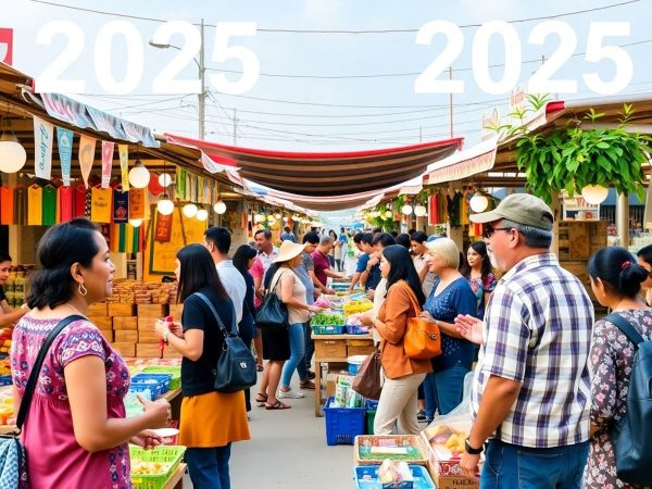 Scenă de piață comunitară vibrantă în 2025.