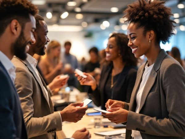 Eveniment de networking cu profesioniști care discută.
